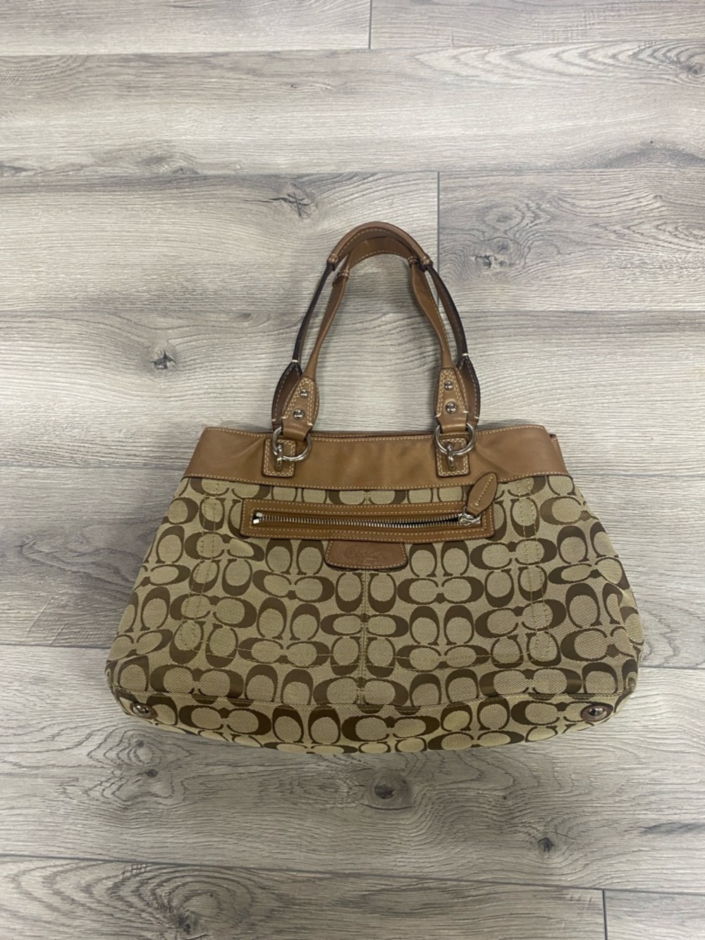 Coach Khaki and Tan Signature Shoulder Bag